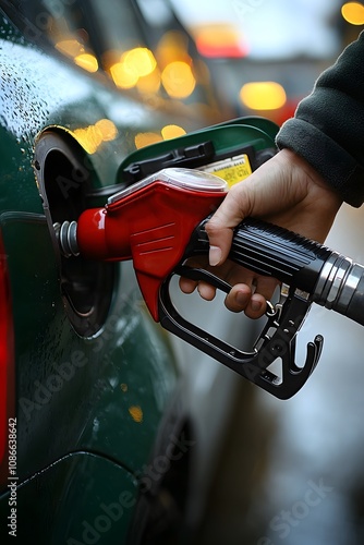 Hand Gripping Fuel Nozzle at Modern Gas Pump Station