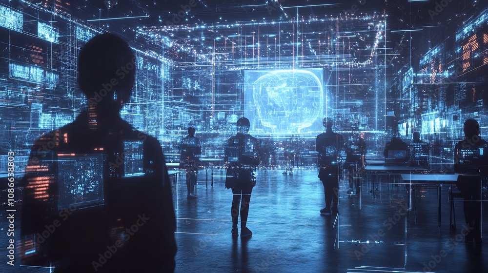 Visuals of AI-enabled educational technologies, such as virtual classrooms, AI tutors, or interactive learning tools. Visuals of AI-enabled educational technologies, such as virtual classrooms, AI tutors, or interactive learning tools.