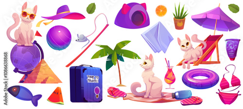 Cute cat and beach accessories set isolated on white background. Vector cartoon illustration of kitten character enjoying summer rest, chaise lounge, umbrella, sunscreen, palm tree, toys and suitcase
