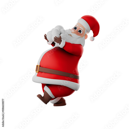 Festive Cartoon Santa Claus Design. A Santa Claus man walking while carrying snow in both hands and his body leaning backward. Christmas 3D Model