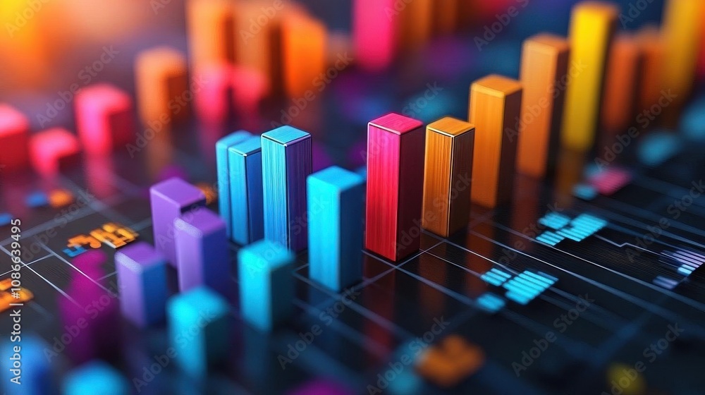 A colorful 3D bar graph representing data trends and analytics, showcasing various heights and colors against a dark background. A colorful 3D bar graph representing data trends and analytics, showcasing various heights and colors against a dark background.