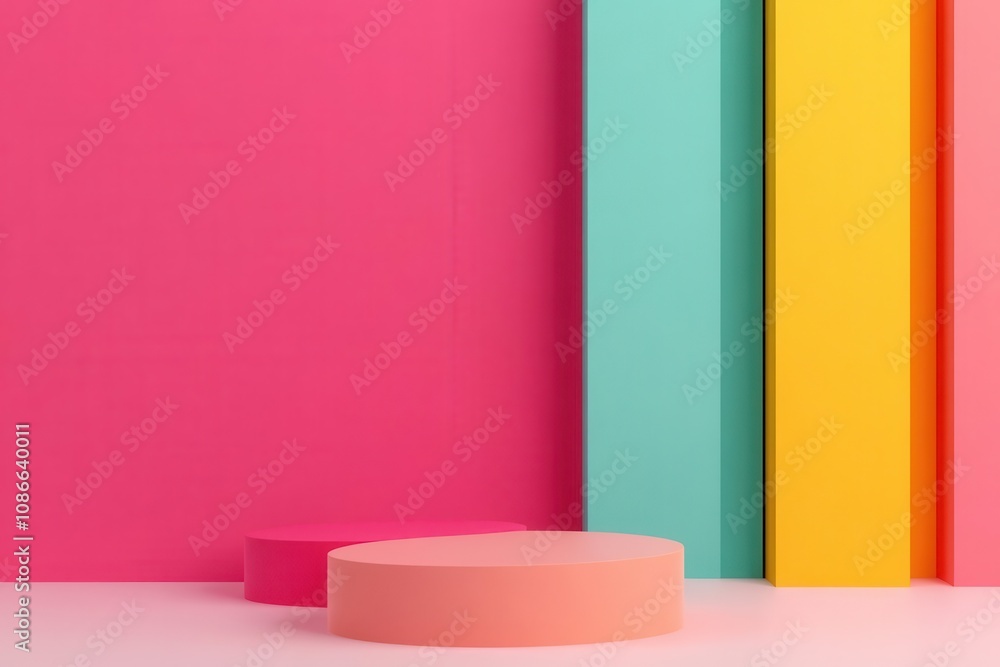 A vibrant, minimalist backdrop featuring pink, teal, and yellow colors, with cylindrical and circular podiums, perfect for a modern display or photography. A vibrant, minimalist backdrop featuring pink, teal, and yellow colors, with cylindrical and circular podiums, perfect for a modern display or photography.