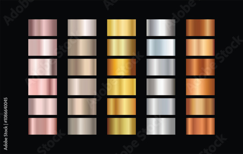 Gold rose, silver, bronze, copper and golden foil texture gradation background set. Vector shiny and metalic gradient collection for border, frame, ribbon, label design