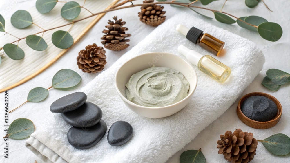 A relaxing winter setup featuring hot stones, oils, and soft candlelight A relaxing winter setup featuring hot stones, oils, and soft candlelight