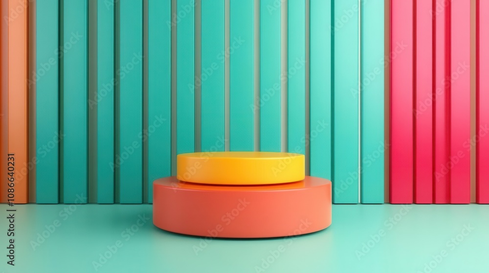 A colorful abstract scene featuring stacked circular shapes against a vibrant striped background, creating a modern and playful aesthetic. A colorful abstract scene featuring stacked circular shapes against a vibrant striped background, creating a modern and playful aesthetic.