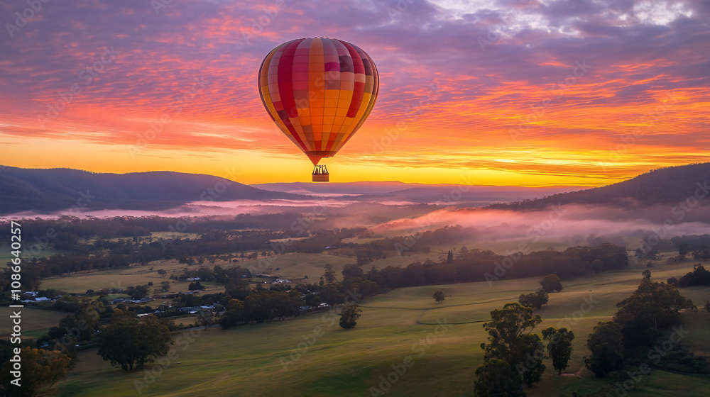 Obraz premium A hot air balloon above a picturesque valley illuminated by soft dawn light
