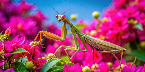 The intricate details of a Hierodula Transcaucasica mantis are highlighted in a double exposure against a backdrop of vibrant bougainvillea. photo