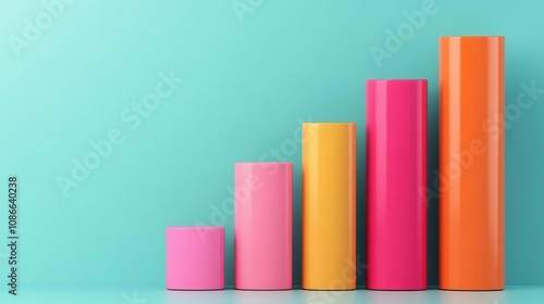 Free Download A vibrant, colorful bar graph on a turquoise background, showcasing increasing values in pink, yellow, orange, and red cylinders. - GFXLoad