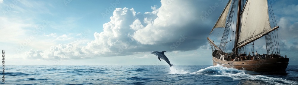 Fototapeta premium A majestic sailboat on serene waters with a dolphin jumping nearby under a clear blue sky.