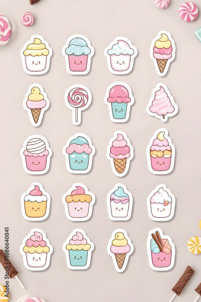 Adorable Kawaii Sweets Collection: A Delightful Array of Cupcakes, Ice Cream Cones, and Lollipops in Pastel Colors Adorable Kawaii Sweets Collection: A Delightful Array of Cupcakes, Ice Cream Cones, and Lollipops in Pastel Colors
