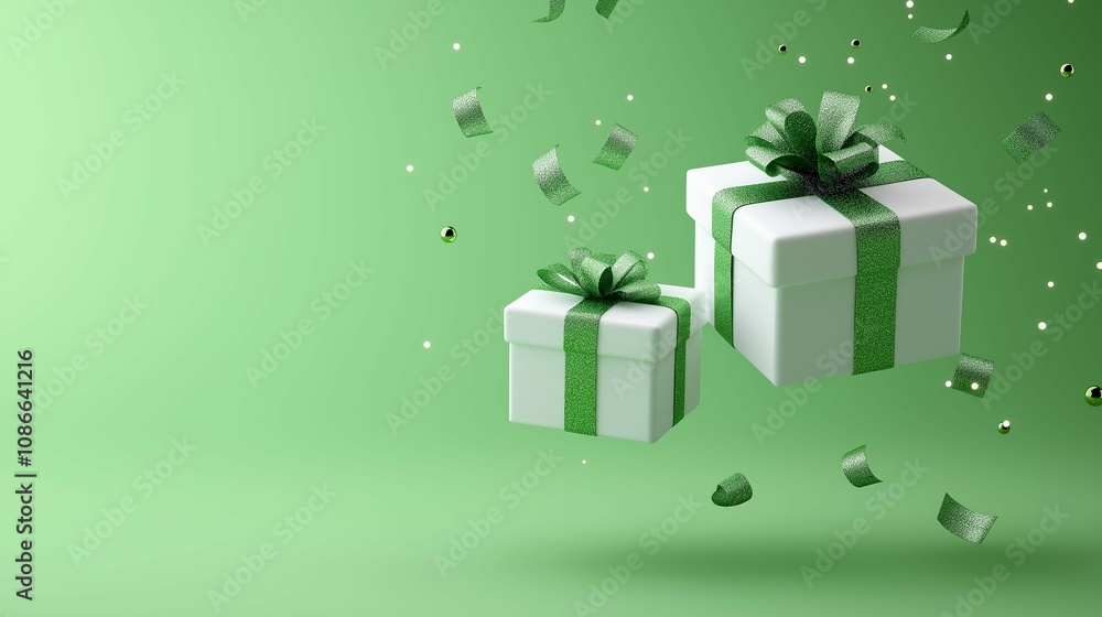 Festive Gift Boxes with Green Ribbons Floating Amidst Confetti on a Vibrant Green Background Perfect for Celebrations and Holiday Events Festive Gift Boxes with Green Ribbons Floating Amidst Confetti on a Vibrant Green Background Perfect for Celebrations and Holiday Events