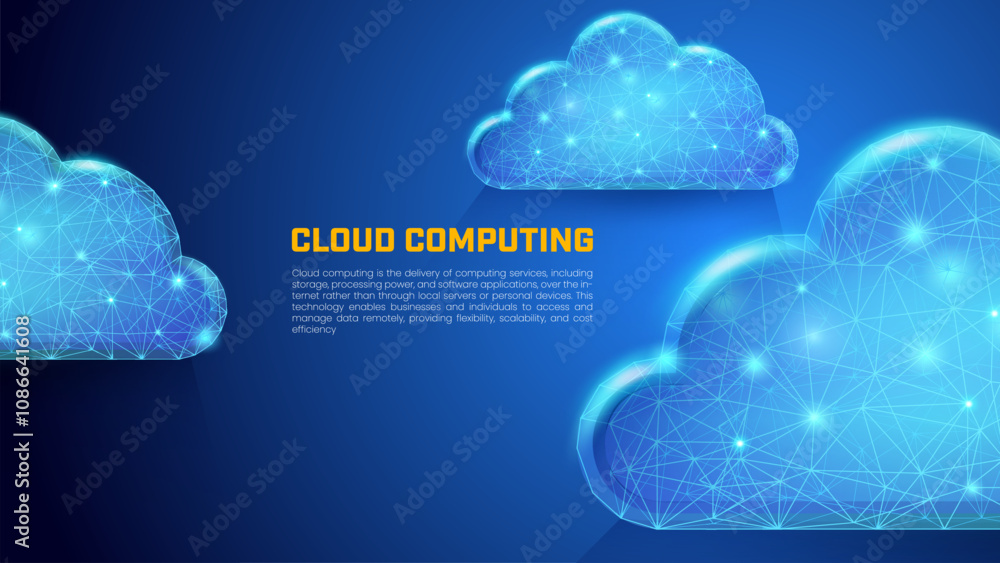 Cloud computing in low poly wireframe style, futuristic cloud storage is suitable for illustrations about servers, holograms, networks, data transmission, digital services, and databases. Cloud computing in low poly wireframe style, futuristic cloud storage is suitable for illustrations about servers, holograms, networks, data transmission, digital services, and databases.