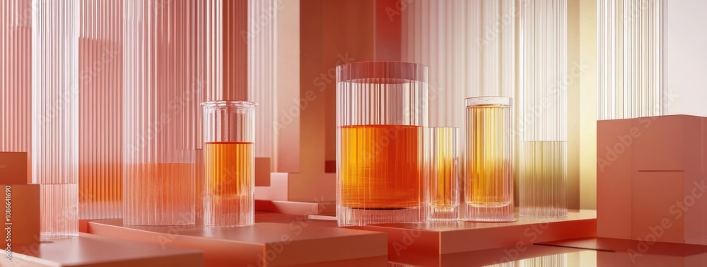 A modern display of transparent glass containers filled with amber liquid, set against a gradient backdrop. A modern display of transparent glass containers filled with amber liquid, set against a gradient backdrop.