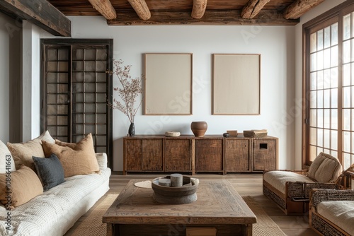 Room with square table and rustic cabinets blank frames against a white backdrop.