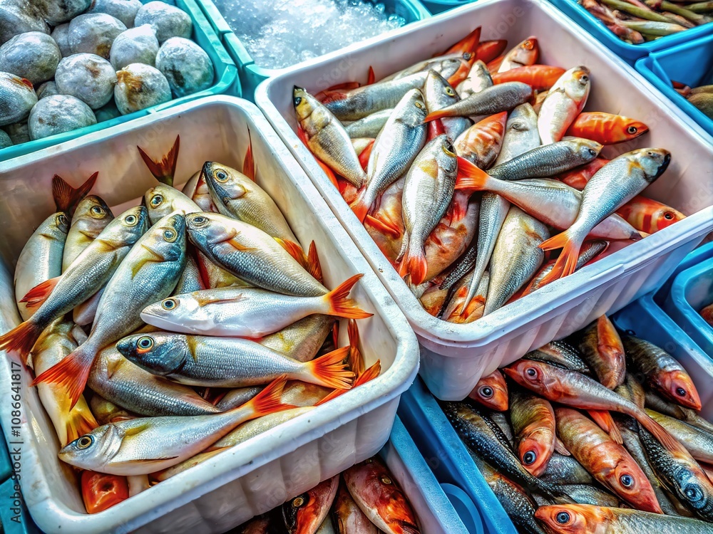Top-down: Styrofoam-wrapped fresh fish for sale. Top-down: Styrofoam-wrapped fresh fish for sale.