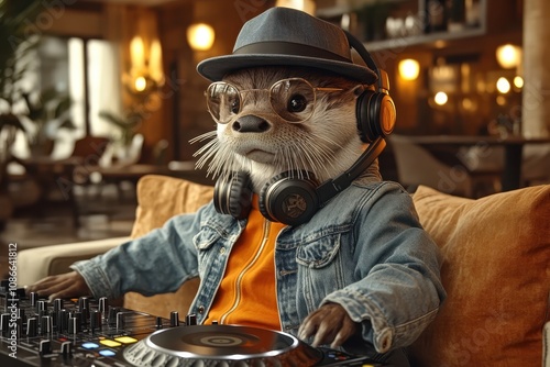 Fashion-forward otter in a denim jacket and fedora DJing a party with headphones on a modern sofa