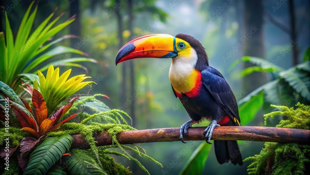 Obraz premium Toucan in a vibrant, detailed rainforest, sharp focus.