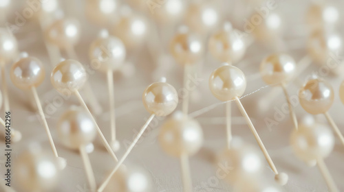 Many small, light-colored pearls are on thin, light-colored pins. Pale background.

 photo