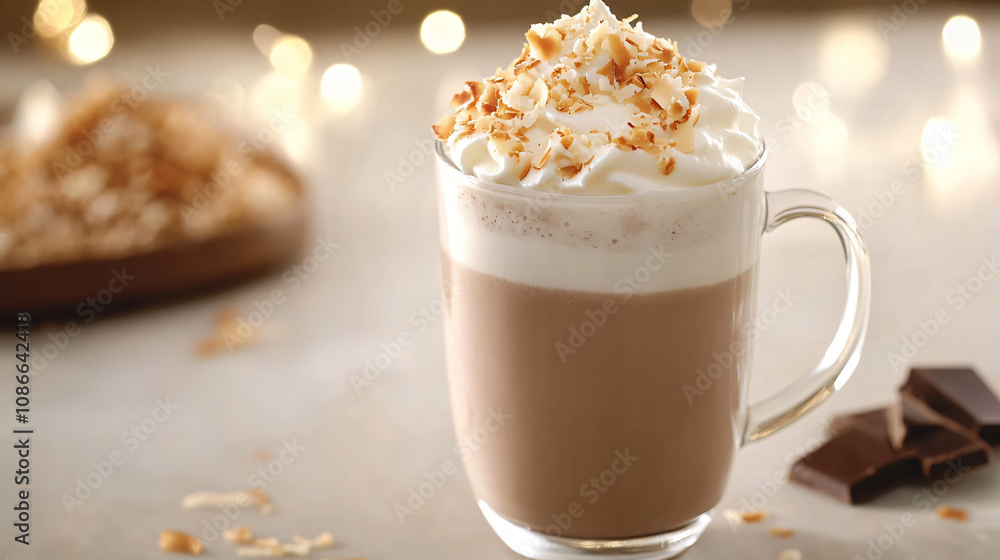 A luxurious hot chocolate made with white chocolate and almond milk, topped with toasted coconut and whipped cream. A luxurious hot chocolate made with white chocolate and almond milk, topped with toasted coconut and whipped cream.