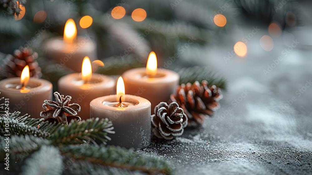 Illuminated yellow candles amidst pine branches and cones with a warm bokeh backdrop, conveying a cozy, festive atmosphere suitable for holiday-themed projects Illuminated yellow candles amidst pine branches and cones with a warm bokeh backdrop, conveying a cozy, festive atmosphere suitable for holiday-themed projects