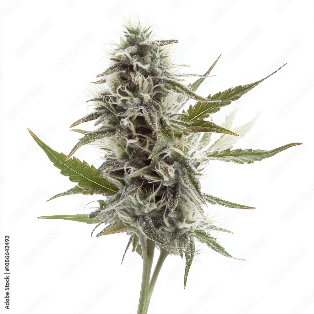 Cannabis plant with dense buds and vibrant green leaves, white isolate background. Cannabis plant with dense buds and vibrant green leaves, white isolate background.