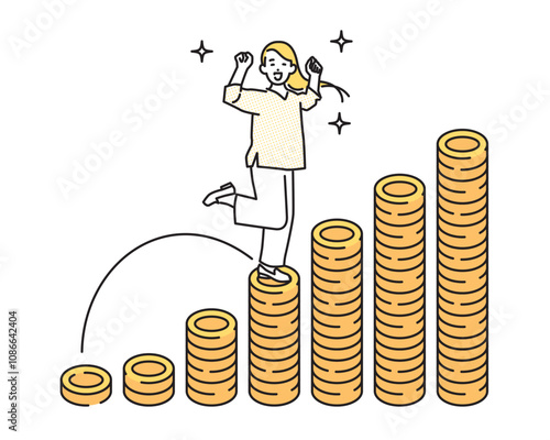 シンプル　イラスト　資産運用で増えたお金の階段を登る女性