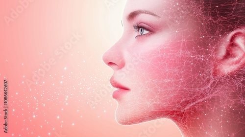 Abstract profile of a young woman with digital elements, glowing particles, and vibrant colors creating a modern artistic effect, symbolizing technology and beauty in synergy.