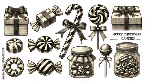 Christmas candies and gifts PNG set with festive elements vintage illustration isolated on transparent background, featuring candy canes, lollipops, gift boxes, and jars of sweets, cutout