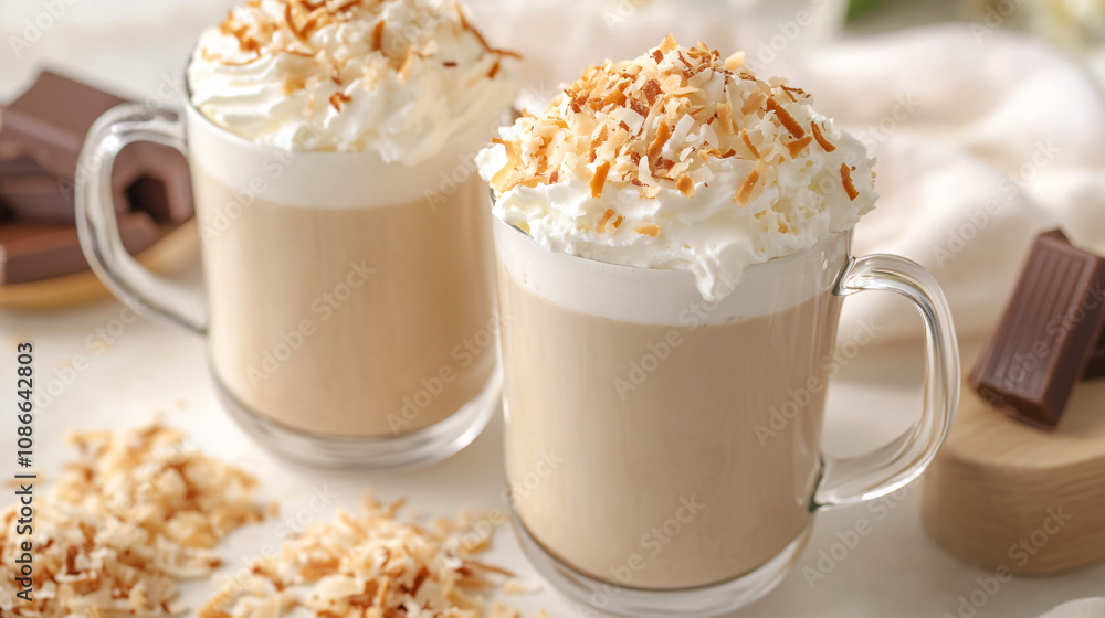 A luxurious hot chocolate made with white chocolate and almond milk, topped with toasted coconut and whipped cream. A luxurious hot chocolate made with white chocolate and almond milk, topped with toasted coconut and whipped cream.