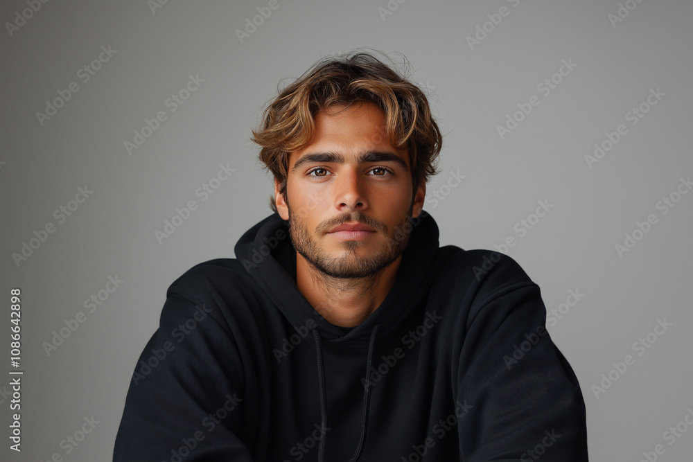 Obraz premium A young handsome man model posing in a black hoodie against an isolated background.