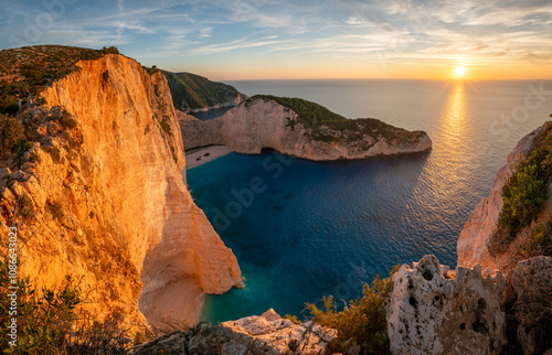 Fototapeta Naklejka Na Ścianę i Meble -  Shipwreck Bay, Navagio Beach, Zakynthos, Greece-sunset.Art photography