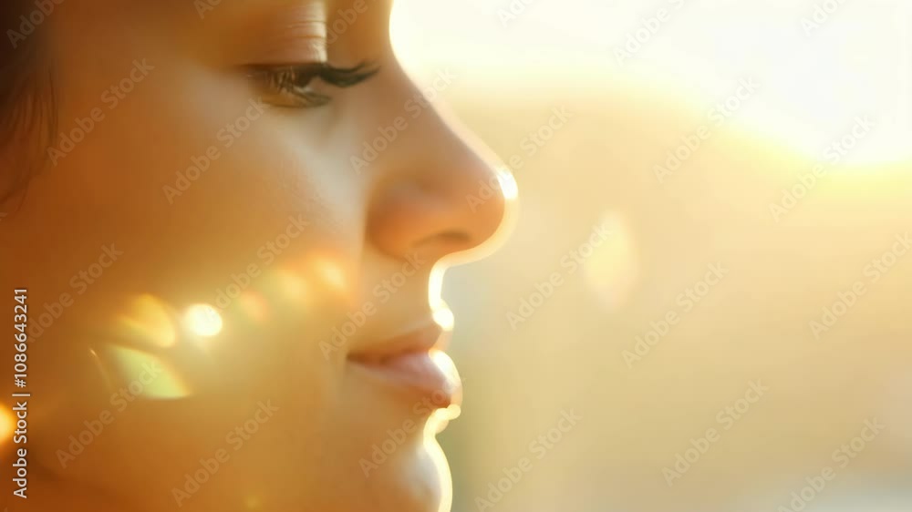 Ethereal sunlit profile of woman transitioning from daylight to dusk Ethereal sunlit profile of woman transitioning from daylight to dusk