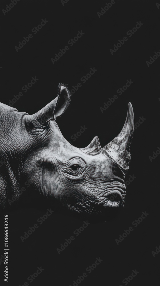 A close-up of a rhinoceros head against a dark background, showcasing its features. A close-up of a rhinoceros head against a dark background, showcasing its features.