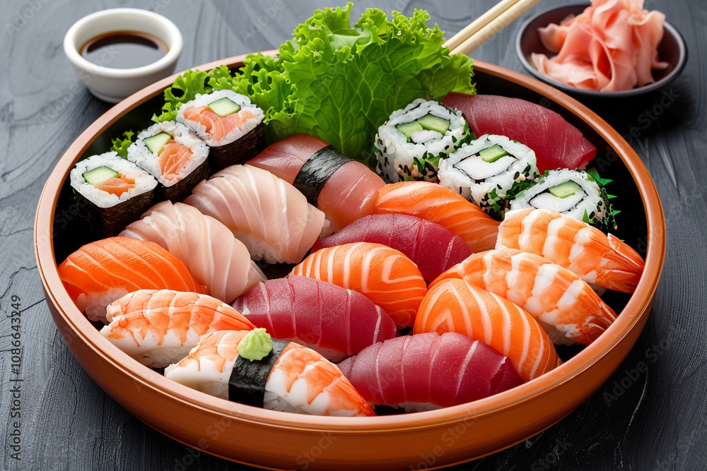 Exquisite Sushi and Sashimi Platter with Chopsticks Exquisite Sushi and Sashimi Platter with Chopsticks