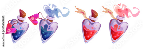 Magic potion bottles set isolated on white background. Vector cartoon illustration of corked and open glass heart shape vials with red love elixir and blue poison antidote, skull bubbles, vapor in air