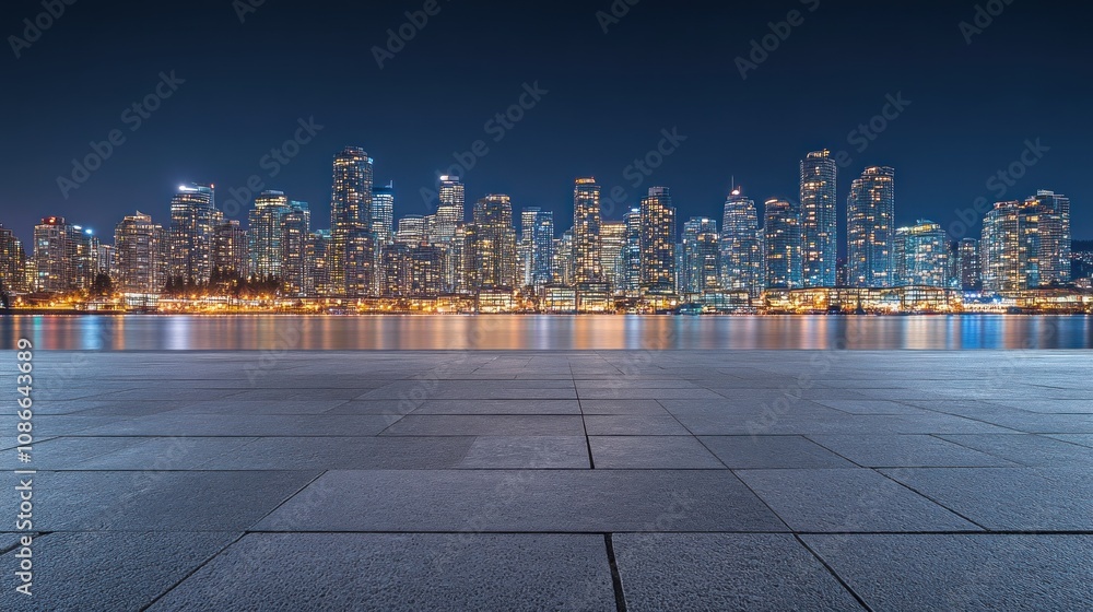 A nighttime city skyline reflecting on water, showcasing urban architecture and lights. A nighttime city skyline reflecting on water, showcasing urban architecture and lights.