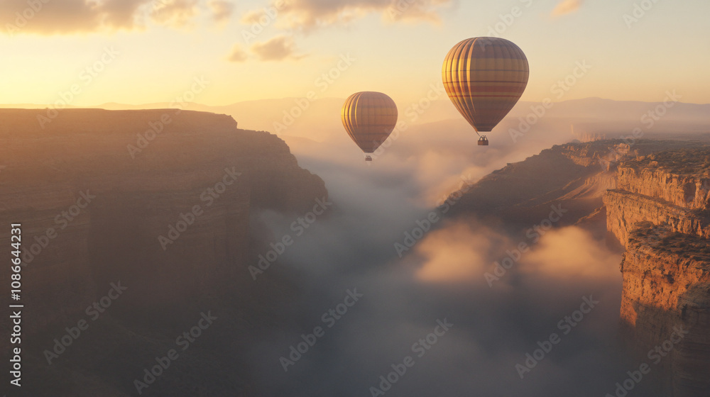 Obraz premium A pair of hot air balloons gliding over a foggy canyon at sunrise