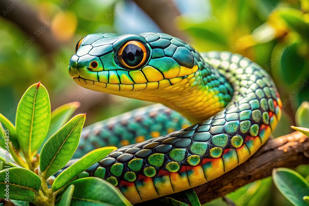 Wildlife close-up: spotted bush snake in a small tree. Wildlife close-up: spotted bush snake in a small tree.