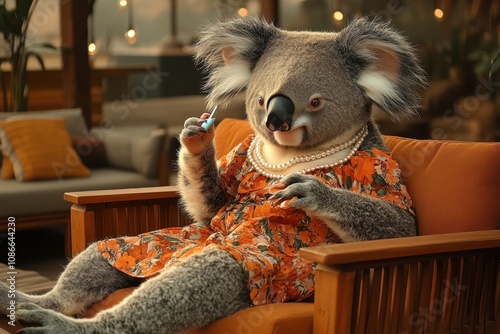 Stylish koala in a floral dress and pearls painting its nails while sitting comfortably on a modern sofa photo