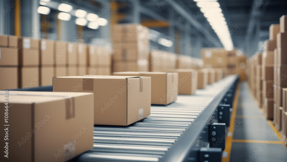 Cardboard Boxes and Packages Moving on Conveyor Belt in Modern Warehouse, Logistics Center, Delivery Service Cardboard Boxes and Packages Moving on Conveyor Belt in Modern Warehouse, Logistics Center, Delivery Service