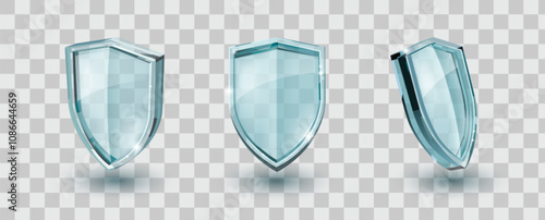Glass security shields shown from different angles. Transparent protective emblems with blue glossy surfaces and reflective highlights for healthcare protection or defense software interface concept.