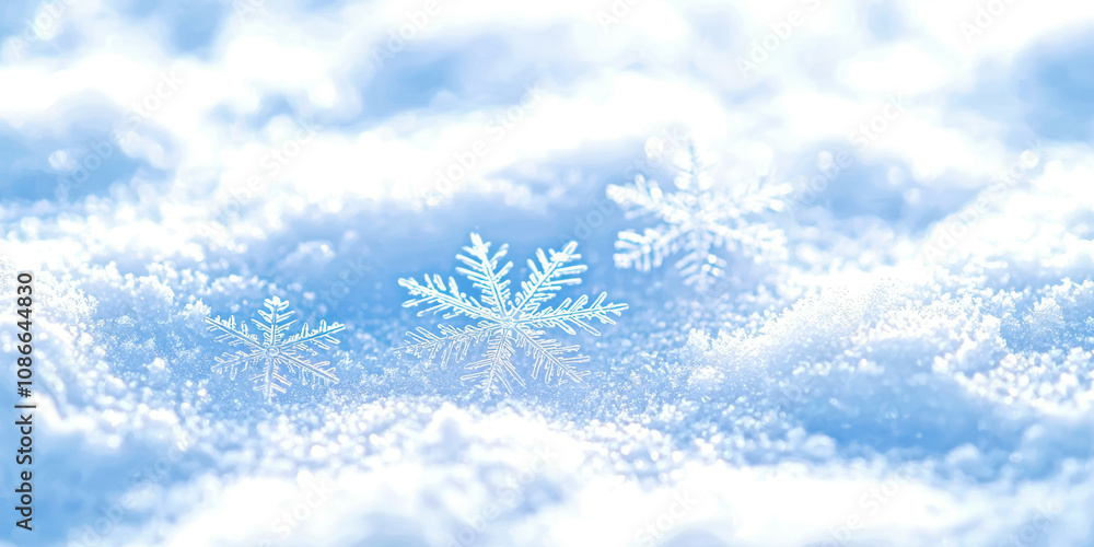 A snow covered field with three snowflakes on the ground A snow covered field with three snowflakes on the ground