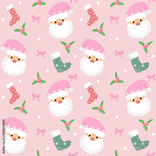 Pink Christmas seamless pattern with santa claus