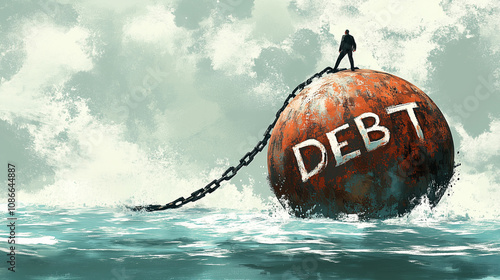 A lone figure stands atop a large, rusted ball labeled DEBT, connected by a chain, symbolizing the overwhelming financial pressures in today's world