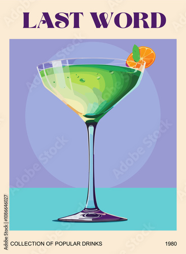 Last Word Cocktail retro poster. Popular alcohol drink. Vintage vector illustration for bar, pub, restaurant, kitchen wall art print.