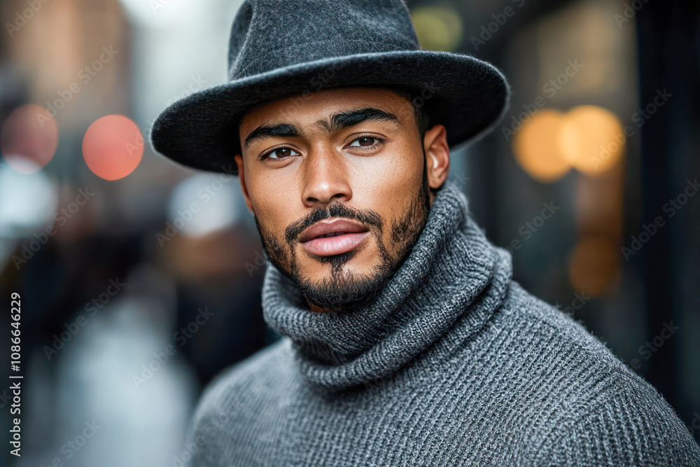 Portrait of a stylish Afro American man in a gray sweater and hat poising on a blurred city background. Portrait of a stylish Afro American man in a gray sweater and hat poising on a blurred city background.