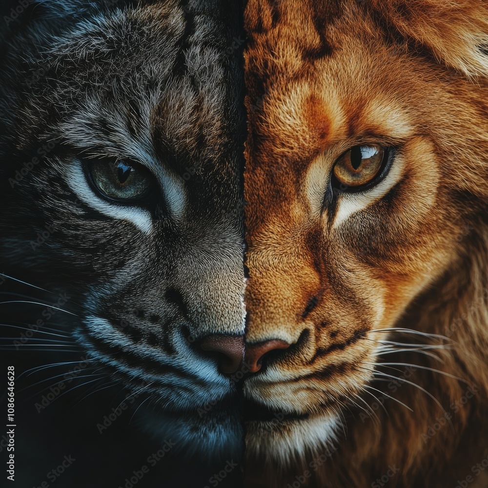 Close-up split face of lion and cat with fierce and calm expressions Close-up split face of lion and cat with fierce and calm expressions