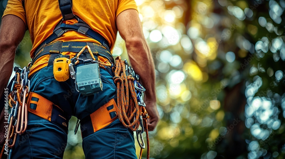 Close-up of a climber in outdoor gear, ready for an adventure in the vibrant forest, showcasing harness and equipment. Close-up of a climber in outdoor gear, ready for an adventure in the vibrant forest, showcasing harness and equipment.
