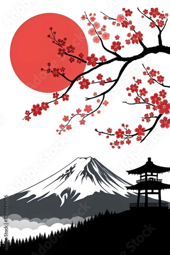 Japanese cherry blossoms and pagoda silhouette with mount fuji at sunrise