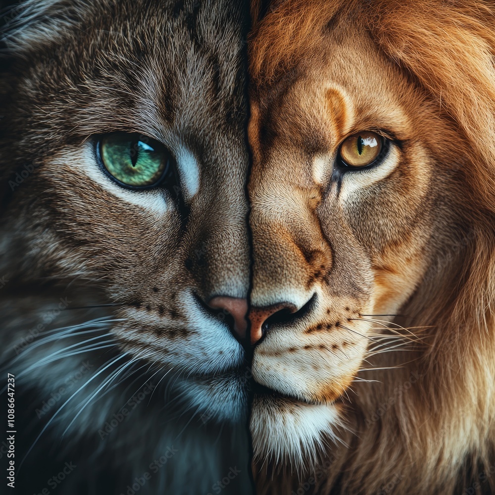 Close-up split face of lion and cat with fierce and calm expressions Close-up split face of lion and cat with fierce and calm expressions